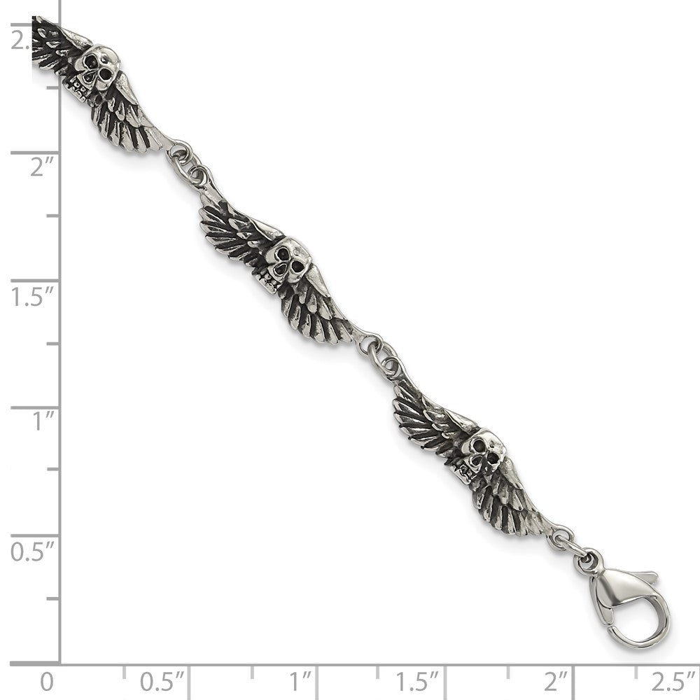 7.75 Zoll Edelstahl Antikisiert Skulls mit Flügel Armband