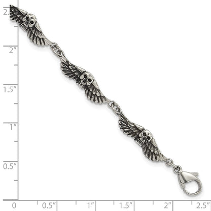 7.75 Zoll Edelstahl Antikisiert Skulls mit Flügel Armband