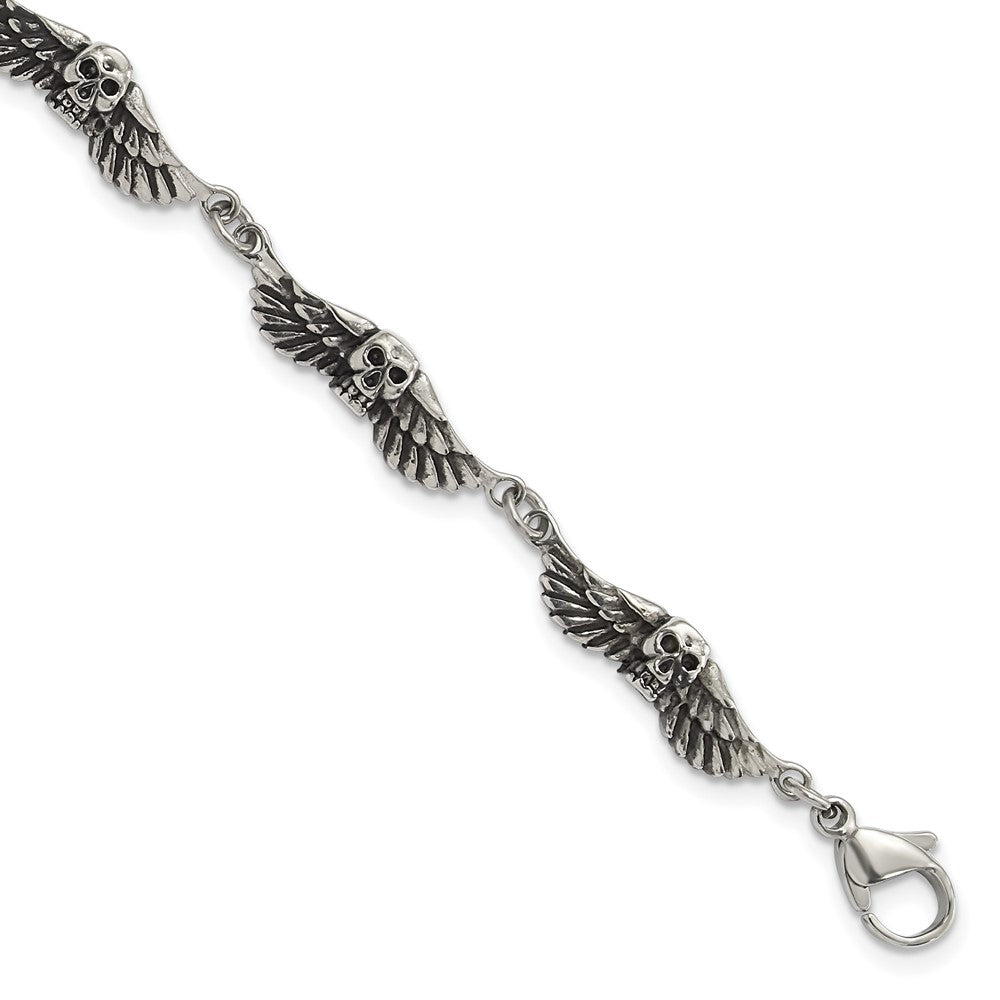 7.75 Zoll Edelstahl Antikisiert Skulls mit Flügel Armband