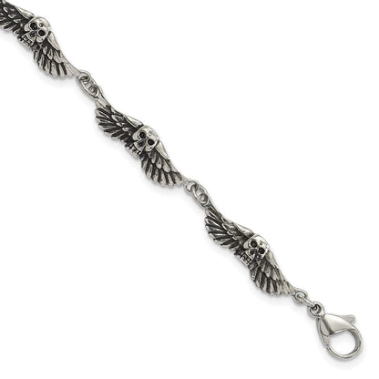 7.75 Zoll Edelstahl Antikisiert Skulls mit Flügel Armband