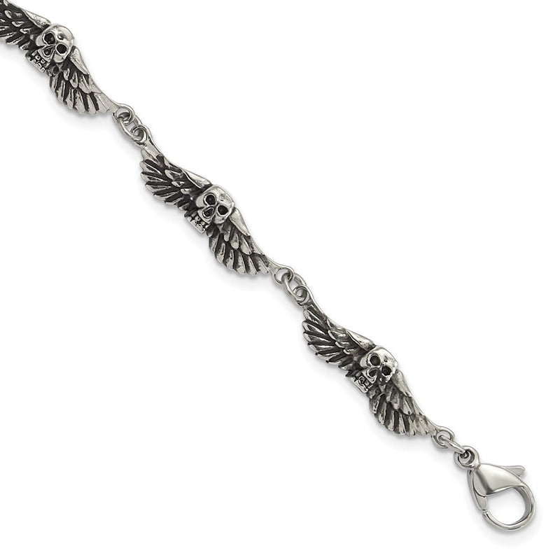 7.75 Zoll Edelstahl Antikisiert Skulls mit Flügel Armband