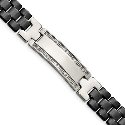 8.25 Zoll Chisel Edelstahl Poliert mit Schwarz Keramik und 1/4 Karat Diamant 8.75 Id Armband