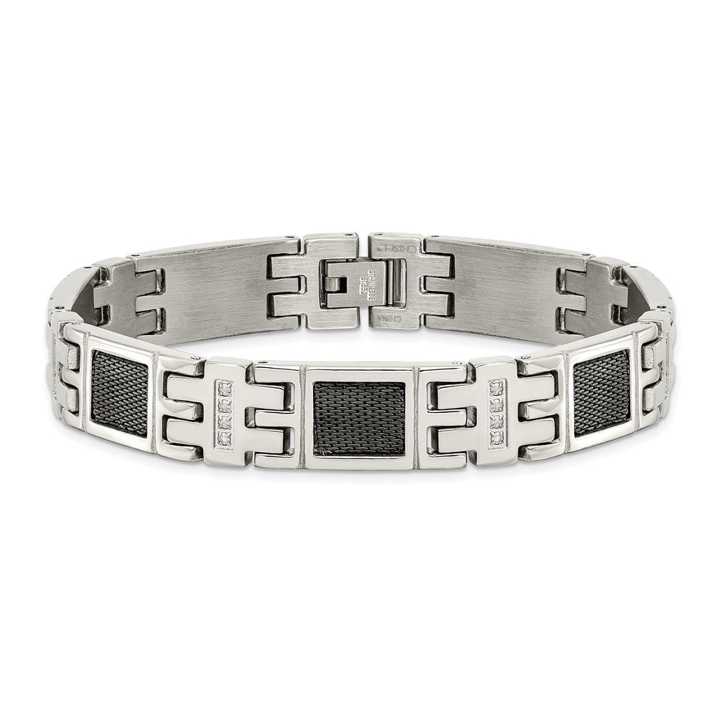 Edelstahl Chisel Poliert Schwarz Ip-beschichtet Netz mit 1/3 Karat Diamant 8.75 Zoll Armband