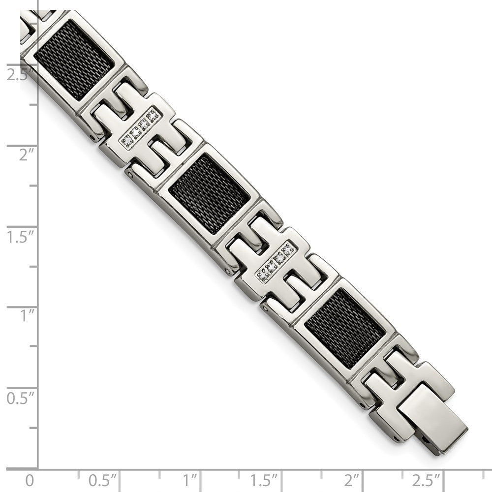 Edelstahl Chisel Poliert Schwarz Ip-beschichtet Netz mit 1/3 Karat Diamant 8.75 Zoll Armband