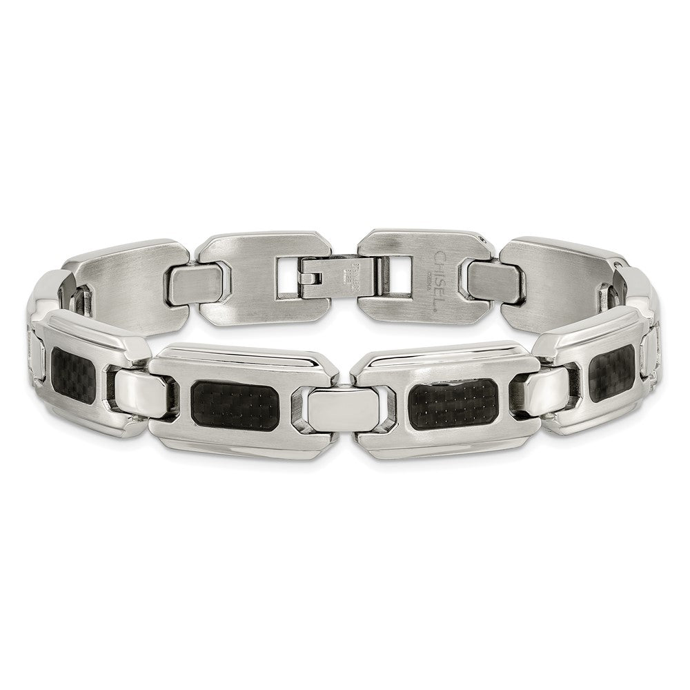 Edelstahl Chisel Gebürstet und Poliert mit Schwarz Karbon Faser Einlage 9 Zoll Glieder Armband