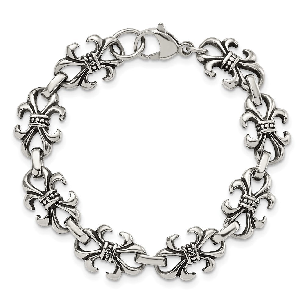 8.25 Zoll Edelstahl Antikisiert und Poliert Fleur De Lis 8.25 Zoll Armband