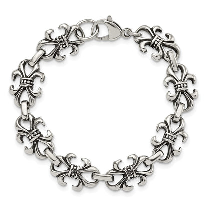 8.25 Zoll Edelstahl Antikisiert und Poliert Fleur De Lis 8.25 Zoll Armband