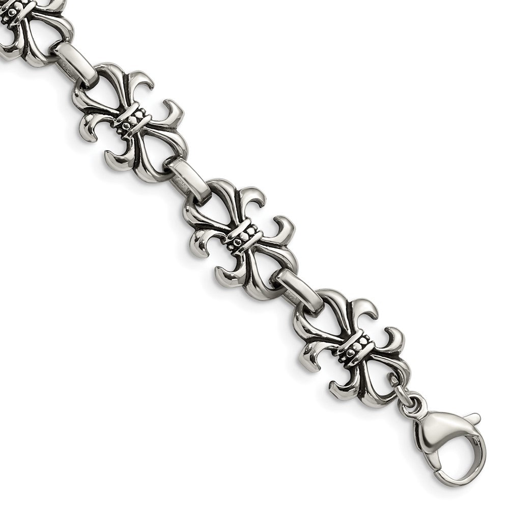 8.25 Zoll Edelstahl Antikisiert und Poliert Fleur De Lis 8.25 Zoll Armband