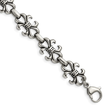 8.25 Zoll Edelstahl Antikisiert und Poliert Fleur De Lis 8.25 Zoll Armband