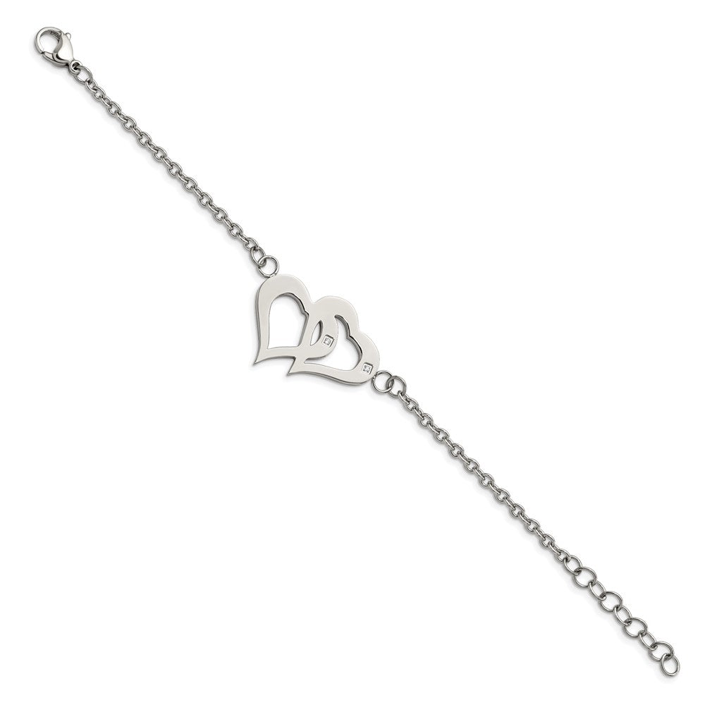 7.75 Zoll Edelstahl Poliert mit Zirkonia Herzen 6.5 Zoll mit 1.25 Zoll Verlängerung. Armband