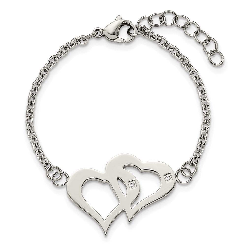 7.75 Zoll Edelstahl Poliert mit Zirkonia Herzen 6.5 Zoll mit 1.25 Zoll Verlängerung. Armband