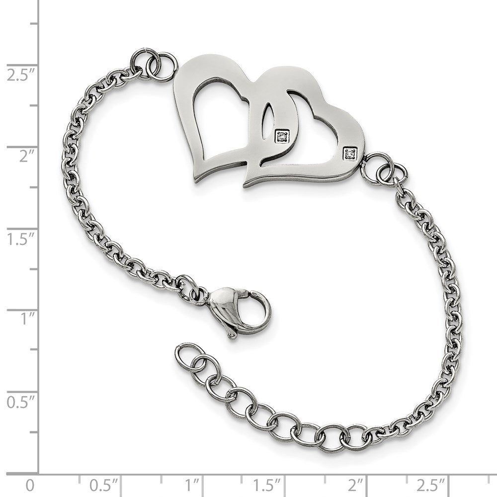 7.75 Zoll Edelstahl Poliert mit Zirkonia Herzen 6.5 Zoll mit 1.25 Zoll Verlängerung. Armband
