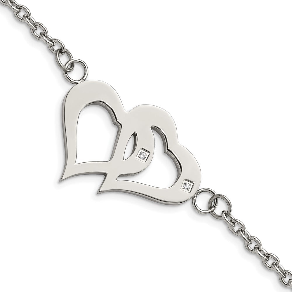 7.75 Zoll Edelstahl Poliert mit Zirkonia Herzen 6.5 Zoll mit 1.25 Zoll Verlängerung. Armband