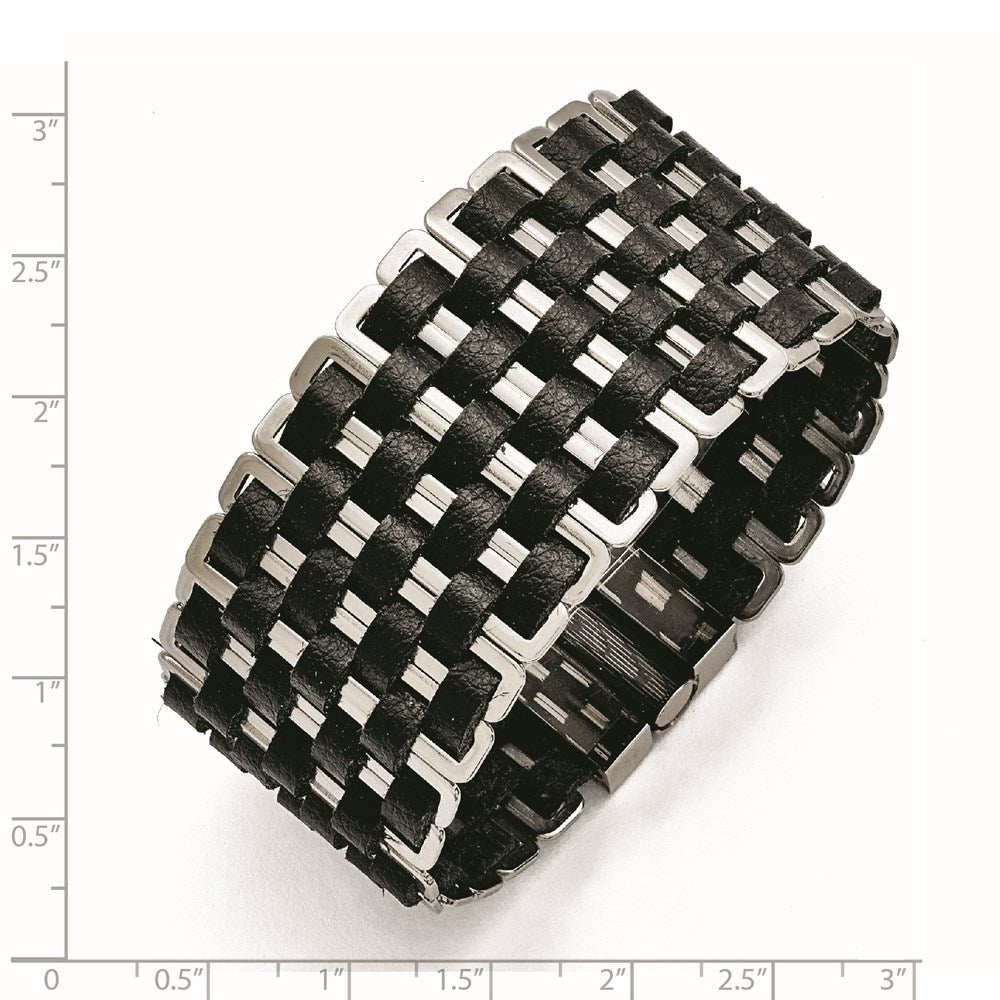 7 Zoll Edelstahl Poliert Geflochten Schwarz Leder Armband