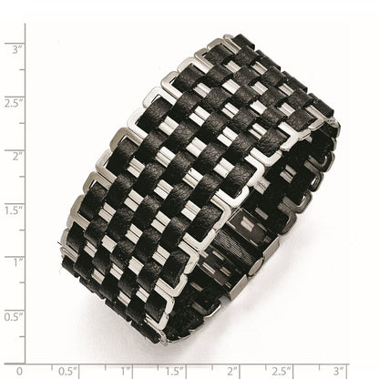 7 Zoll Edelstahl Poliert Geflochten Schwarz Leder Armband