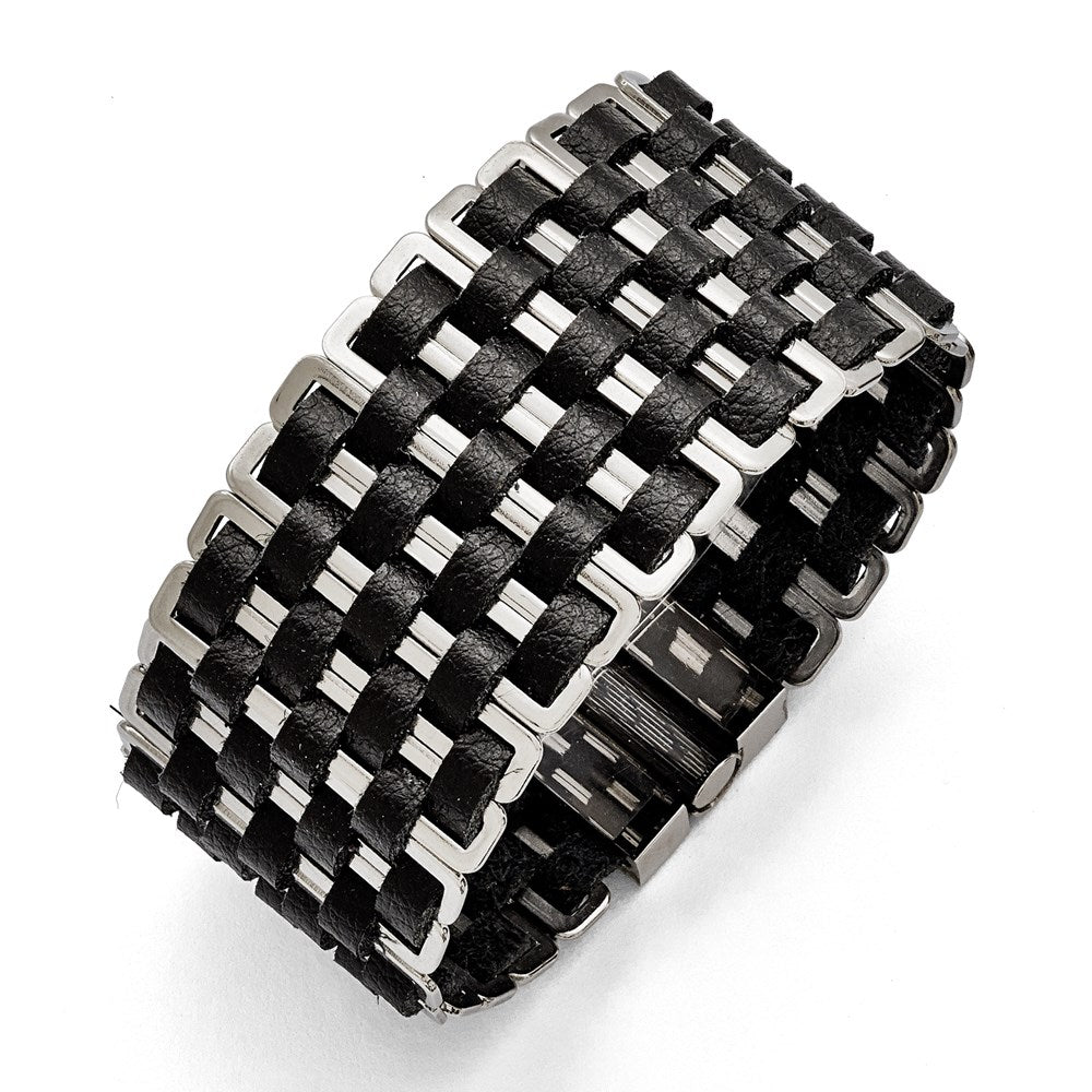 7 Zoll Edelstahl Poliert Geflochten Schwarz Leder Armband
