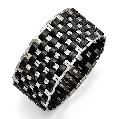 7 Zoll Edelstahl Poliert Geflochten Schwarz Leder Armband