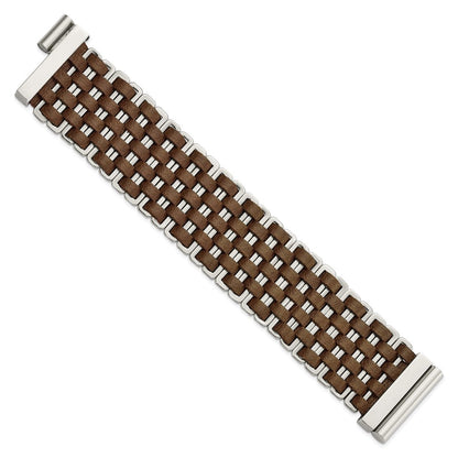 7 Zoll Edelstahl Poliert Geflochten Braun Leder Armband