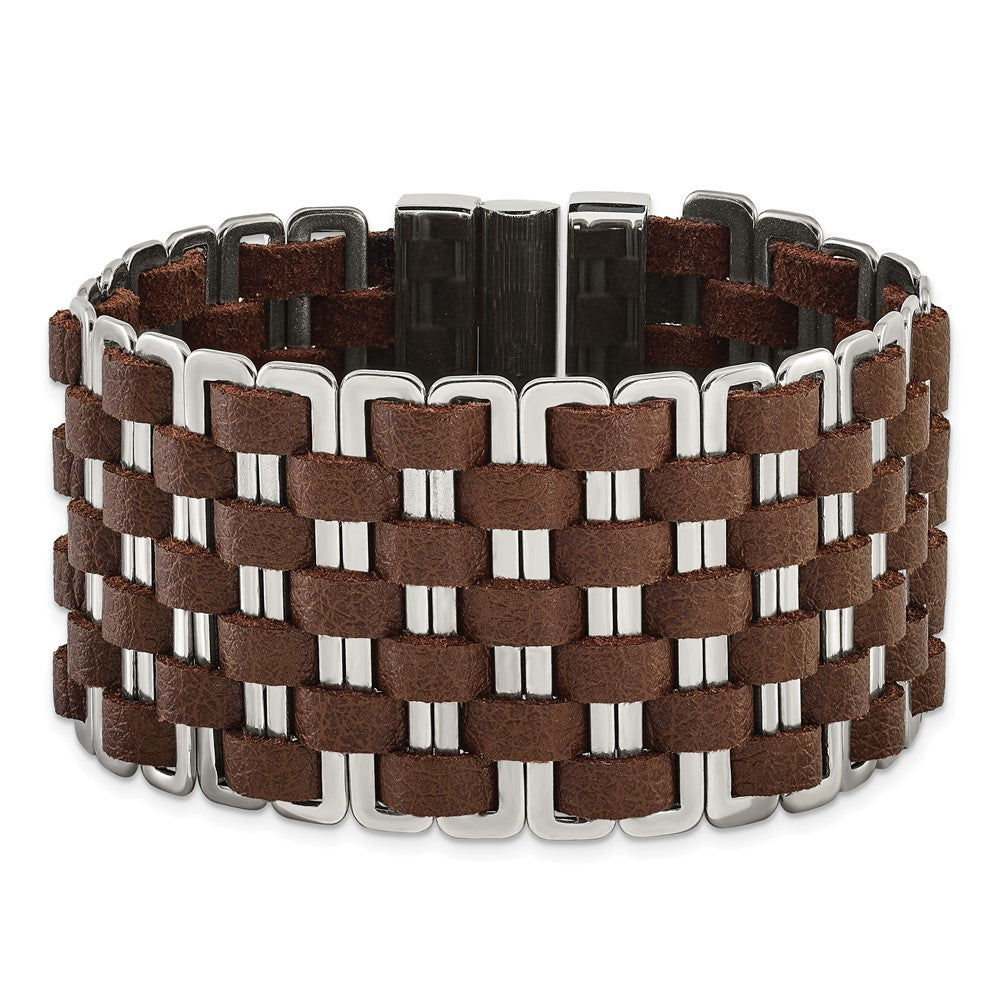 7 Zoll Edelstahl Poliert Geflochten Braun Leder Armband