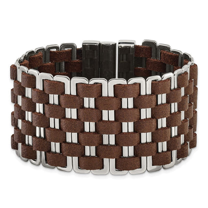 7 Zoll Edelstahl Poliert Geflochten Braun Leder Armband