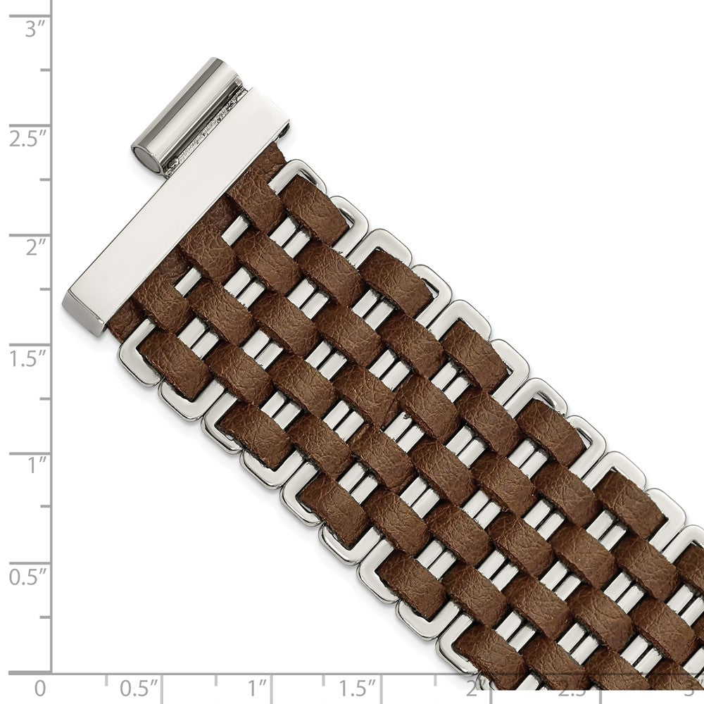 7 Zoll Edelstahl Poliert Geflochten Braun Leder Armband