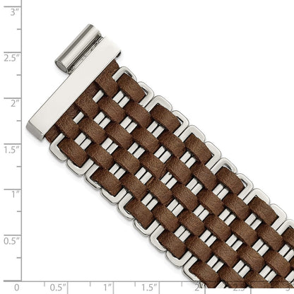 7 Zoll Edelstahl Poliert Geflochten Braun Leder Armband