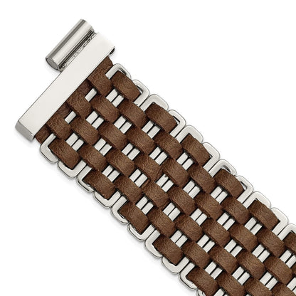 7 Zoll Edelstahl Poliert Geflochten Braun Leder Armband