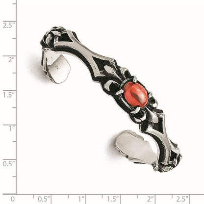 Edelstahl Poliert/antiqued Fleur De Lis Rot Glas Manschette Armreif