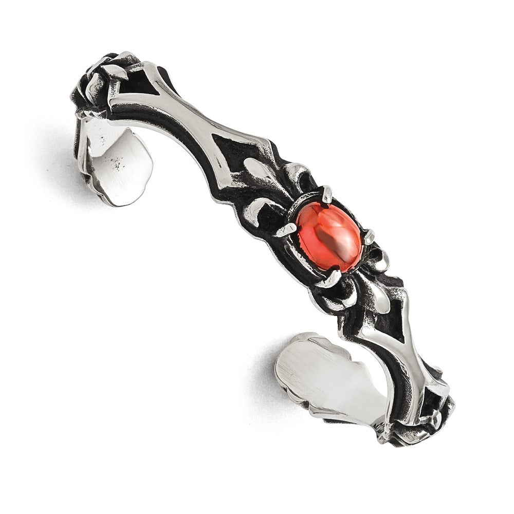 Edelstahl Poliert/antiqued Fleur De Lis Rot Glas Manschette Armreif
