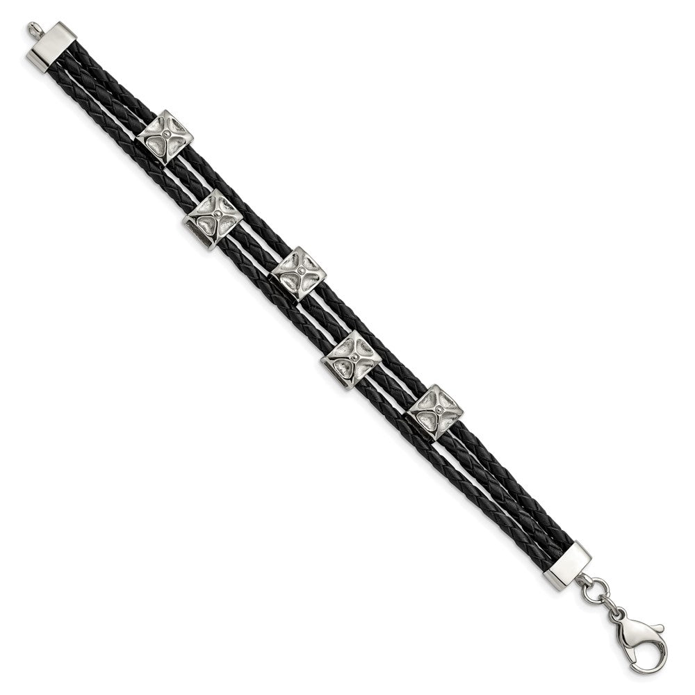 8.5 Zoll Edelstahl Poliert Schwarz Leder 8.5 Zoll Armband