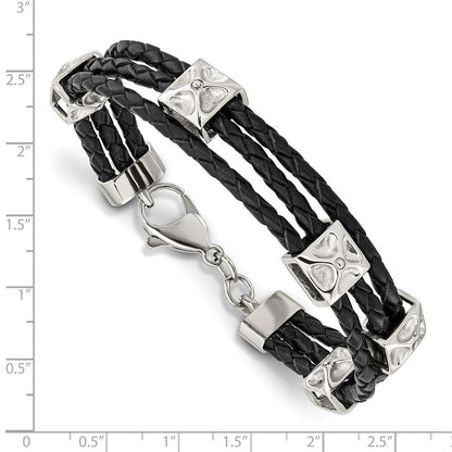 8.5 Zoll Edelstahl Poliert Schwarz Leder 8.5 Zoll Armband