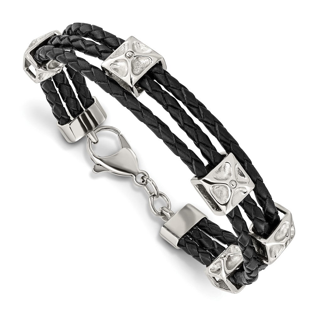 8.5 Zoll Edelstahl Poliert Schwarz Leder 8.5 Zoll Armband
