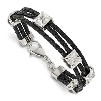 8.5 Zoll Edelstahl Poliert Schwarz Leder 8.5 Zoll Armband