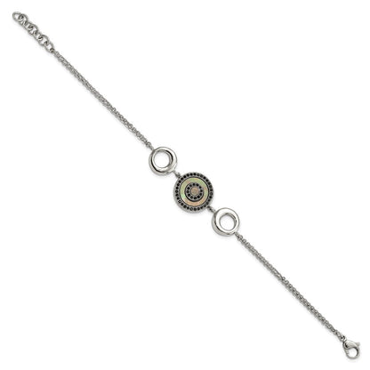 8 Zoll Edelstahl Poliert Schwarz Perlmutt & Kristall Mit.5 Zoll Verlängerung Armband