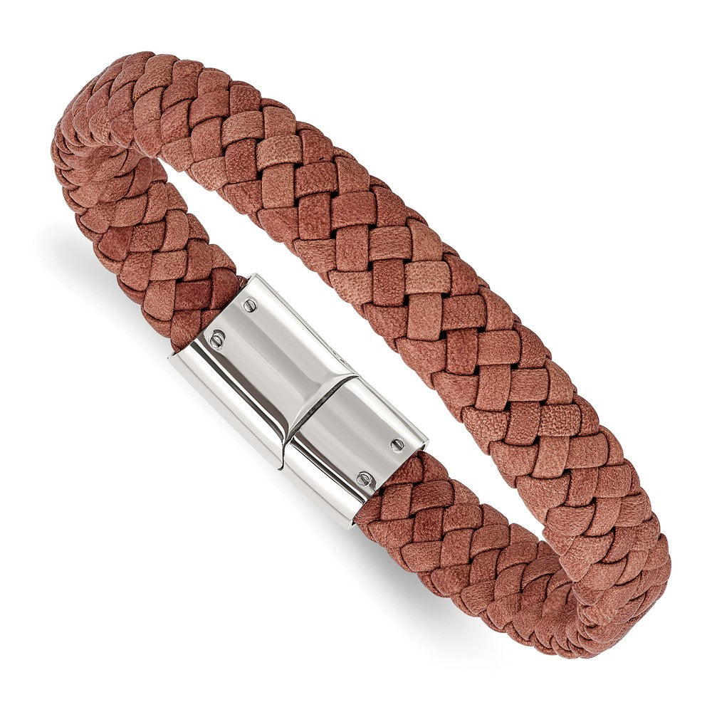 Edelstahl Chisel Poliert Licht Braun Geflochten Leder 8.25 Zoll Armband