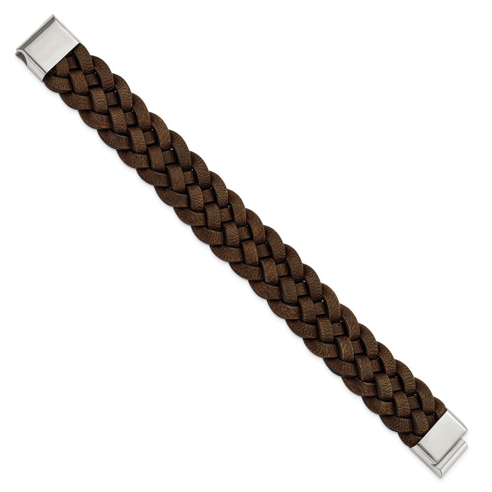 Edelstahl Chisel Poliert Braun Geflochten Leder 8.75 Zoll Armband