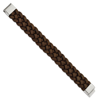 Edelstahl Chisel Poliert Braun Geflochten Leder 8.75 Zoll Armband