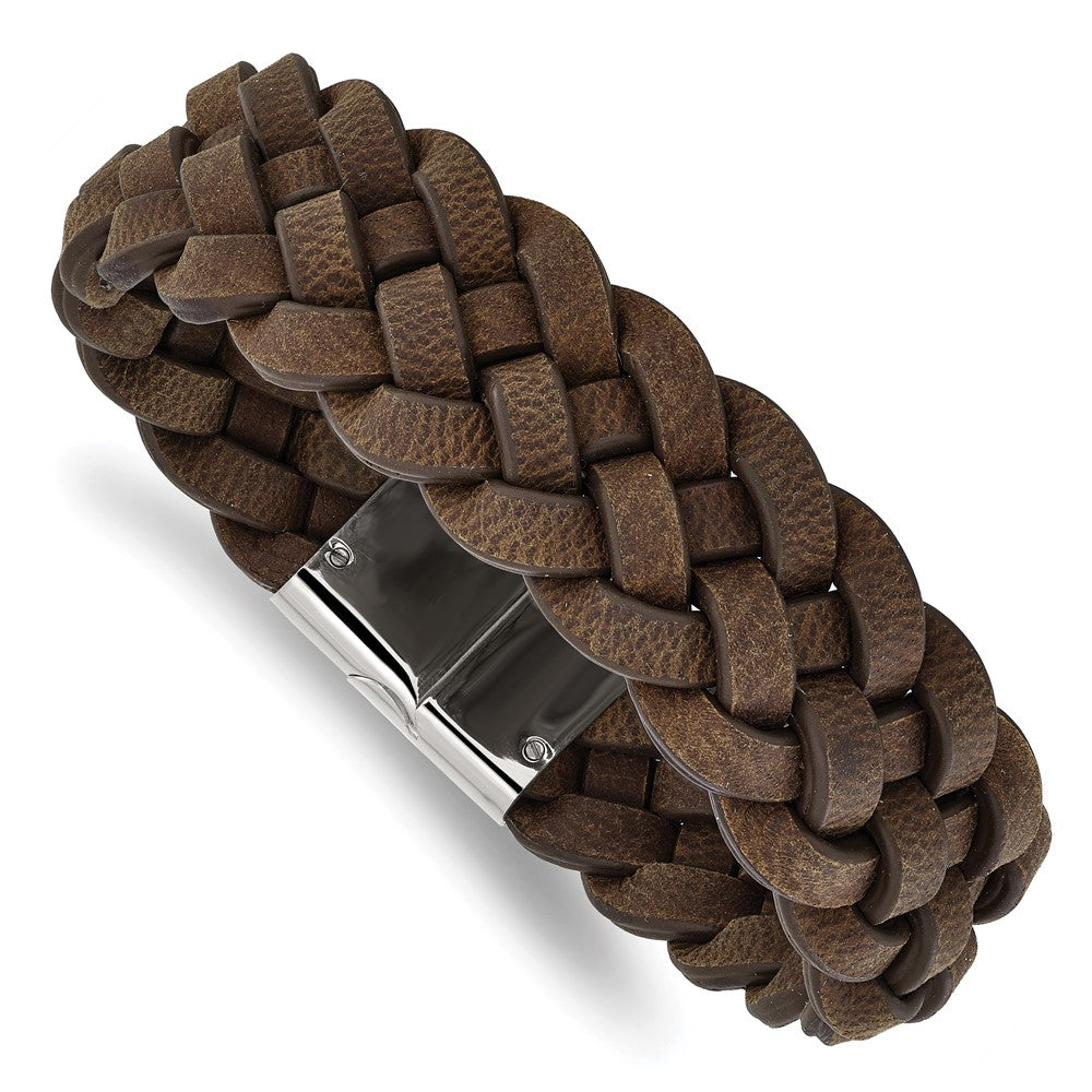 Edelstahl Chisel Poliert Braun Geflochten Leder 8.75 Zoll Armband