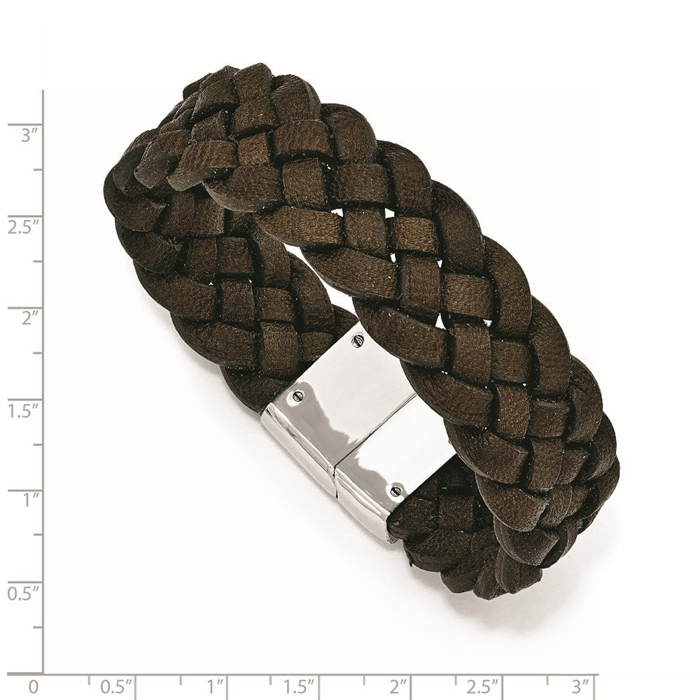 Edelstahl Chisel Poliert Braun Geflochten Leder 8.75 Zoll Armband