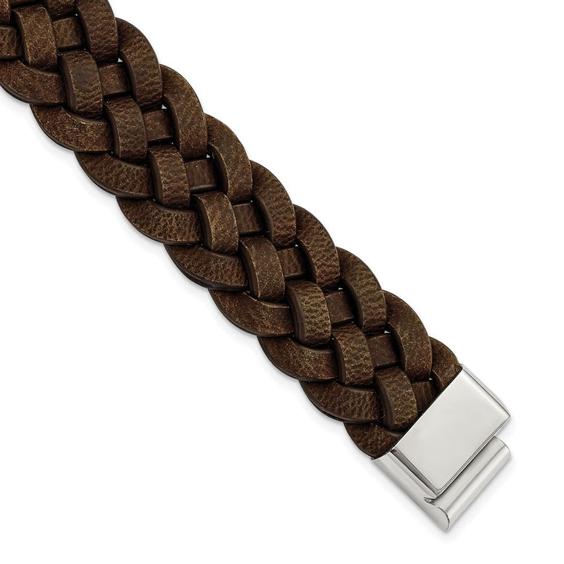 Edelstahl Chisel Poliert Braun Geflochten Leder 8.75 Zoll Armband