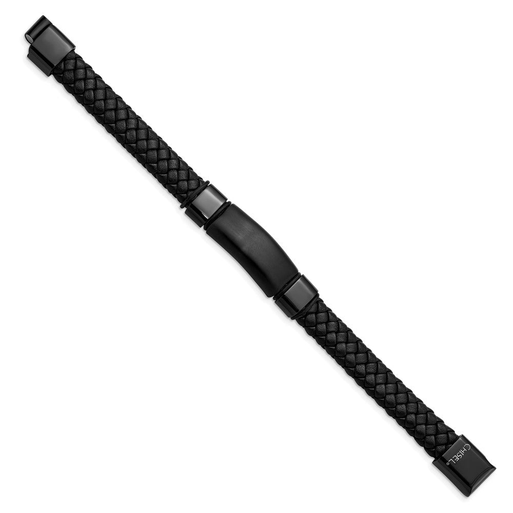 Edelstahl Chisel Gebürstet und Poliert Schwarz Ip-beschichtet Geflochten Leder 8.25 Zoll Armband