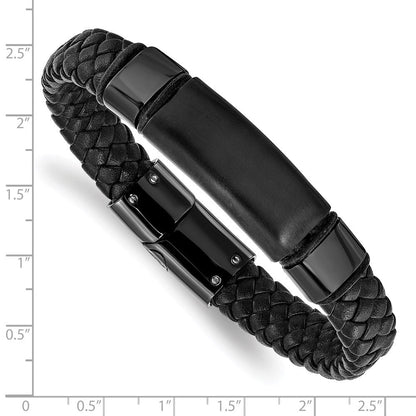 Edelstahl Chisel Gebürstet und Poliert Schwarz Ip-beschichtet Geflochten Leder 8.25 Zoll Armband