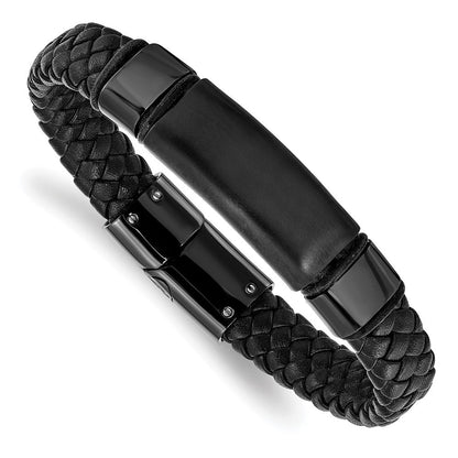Edelstahl Chisel Gebürstet und Poliert Schwarz Ip-beschichtet Geflochten Leder 8.25 Zoll Armband