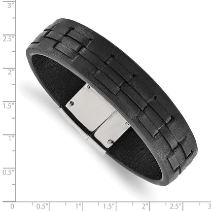 Edelstahl Chisel Poliert Schwarz Leder 8 Zoll Armband