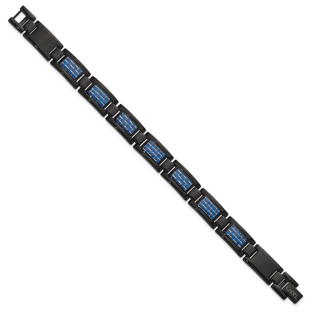 Edelstahl Chisel Poliert Schwarz Ip-beschichtet mit Blau Karbon Faser Einlage 8.25 Zoll Glieder Armband