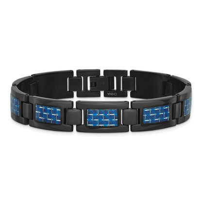 Edelstahl Chisel Poliert Schwarz Ip-beschichtet mit Blau Karbon Faser Einlage 8.25 Zoll Glieder Armband
