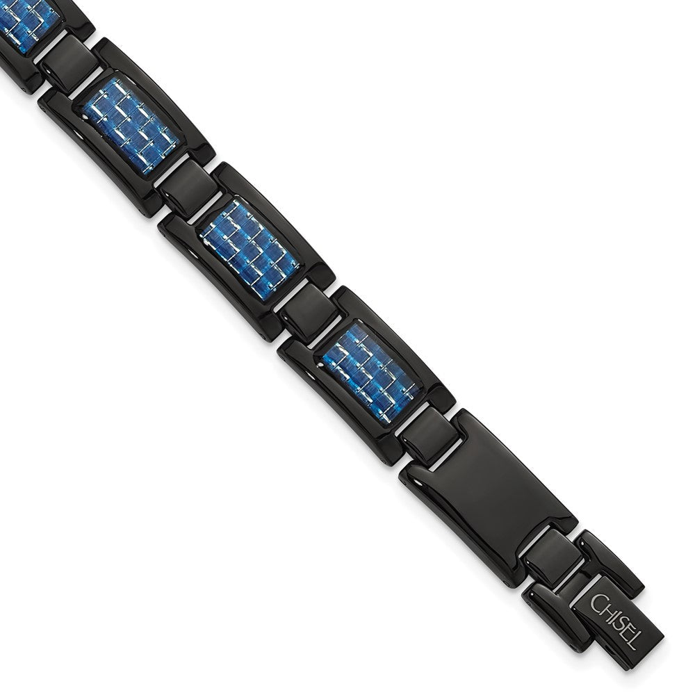 Edelstahl Chisel Poliert Schwarz Ip-beschichtet mit Blau Karbon Faser Einlage 8.25 Zoll Glieder Armband