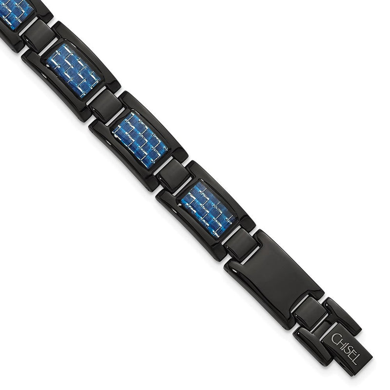 Edelstahl Chisel Poliert Schwarz Ip-beschichtet mit Blau Karbon Faser Einlage 8.25 Zoll Glieder Armband