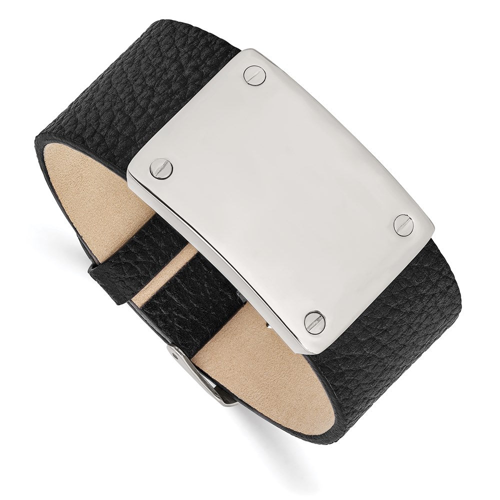 8.5 Zoll Edelstahl Poliert Schwarz Leder Verstellbar 8.5 Zoll Id Armband