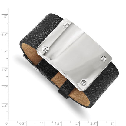 8.5 Zoll Edelstahl Poliert Schwarz Leder Verstellbar 8.5 Zoll Id Armband